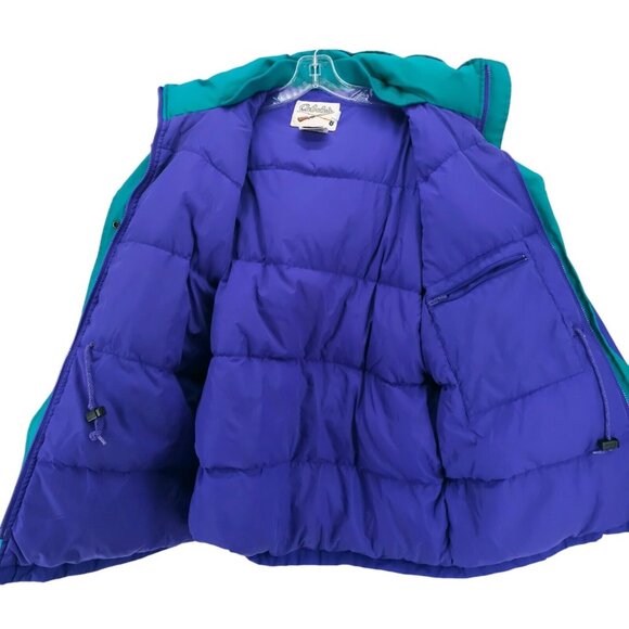 CABELAS Goretex Goose Down Hooded Jacket Purple Green Trim Women's XL - Picture 5 of 11